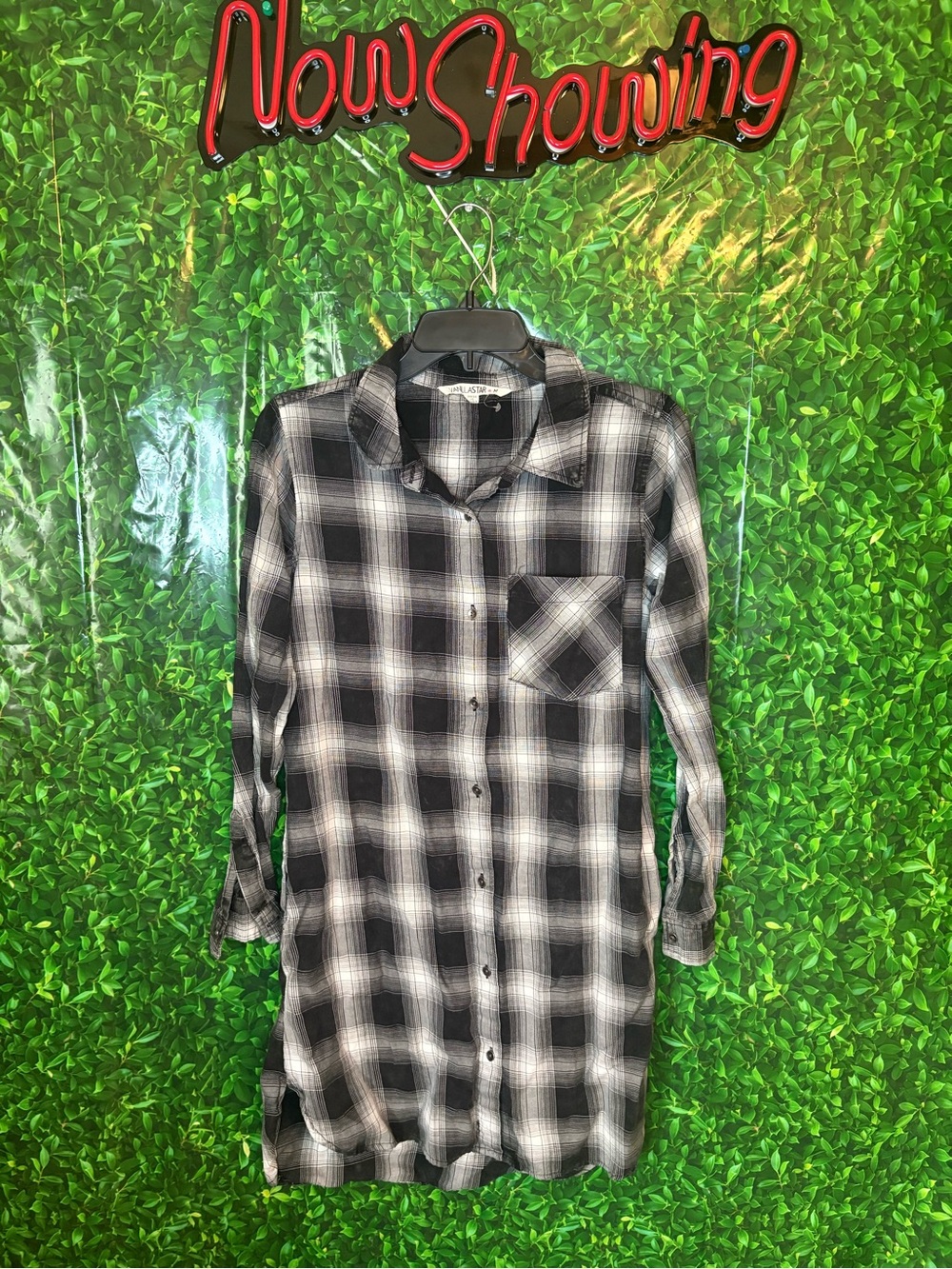 Vanilla Star Black & White Plaid Long Sleeve Shirt Dress